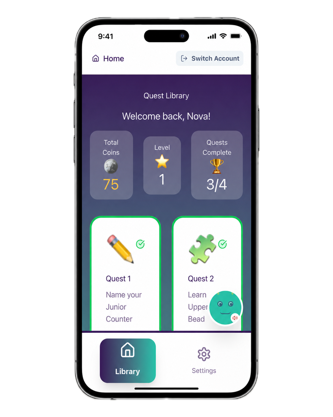AbaQuest app showing the Quest Library screen